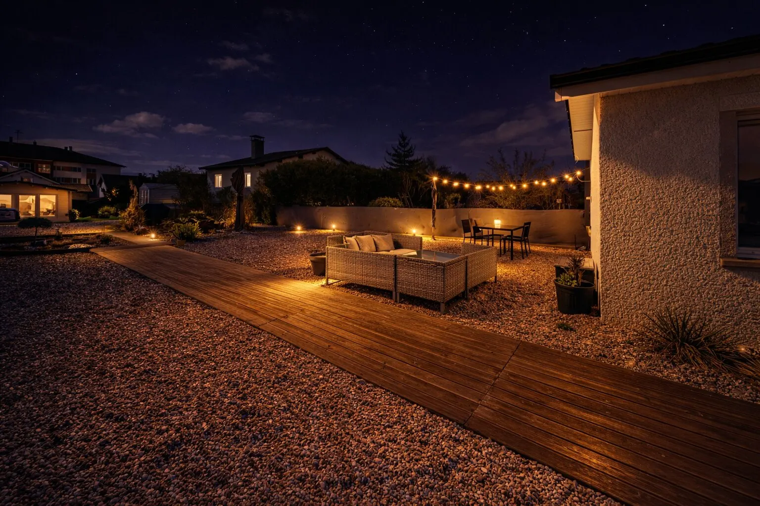 Terrasse avec guirlandes lumineuses