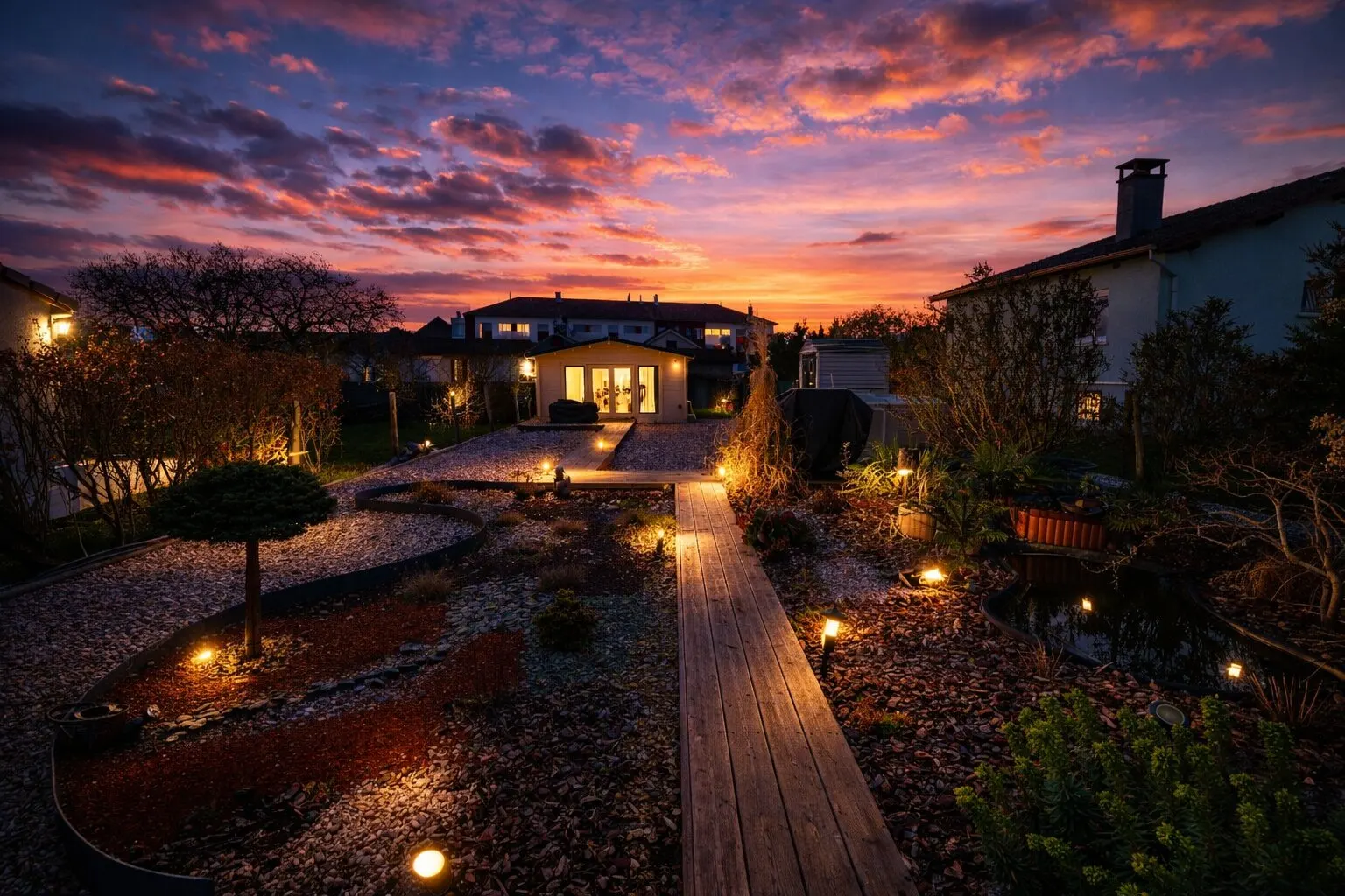 Jardin illuminé au coucher du soleil